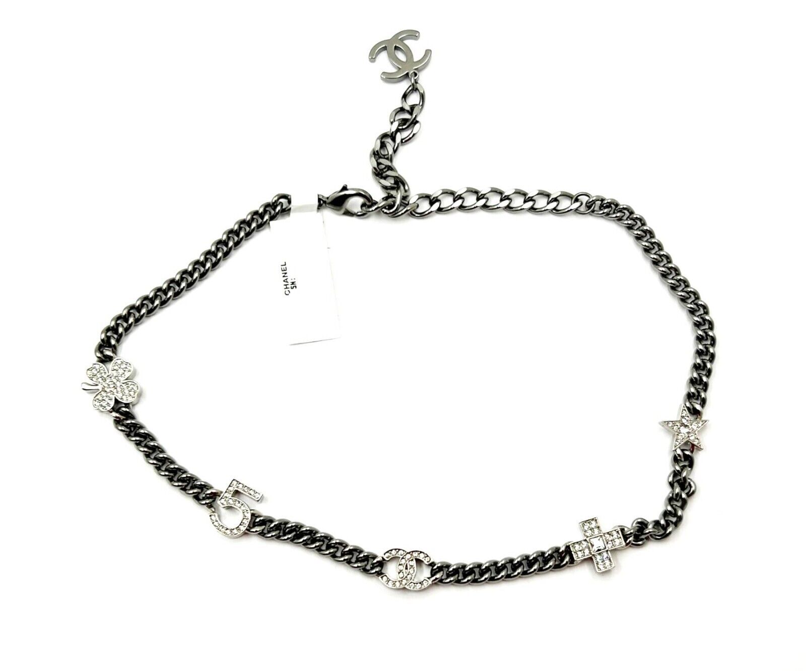 Chanel Brand New Silver 5 Crystal Charms Gunmetal Chain Chanel Brand New Silver 5 Crystal Charms Gunmetal Chain