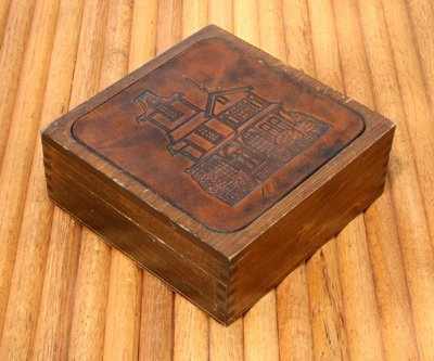 Vintage Hand Crafted Wood Box With Victorian House Leather Inlay Top Dovetailed
