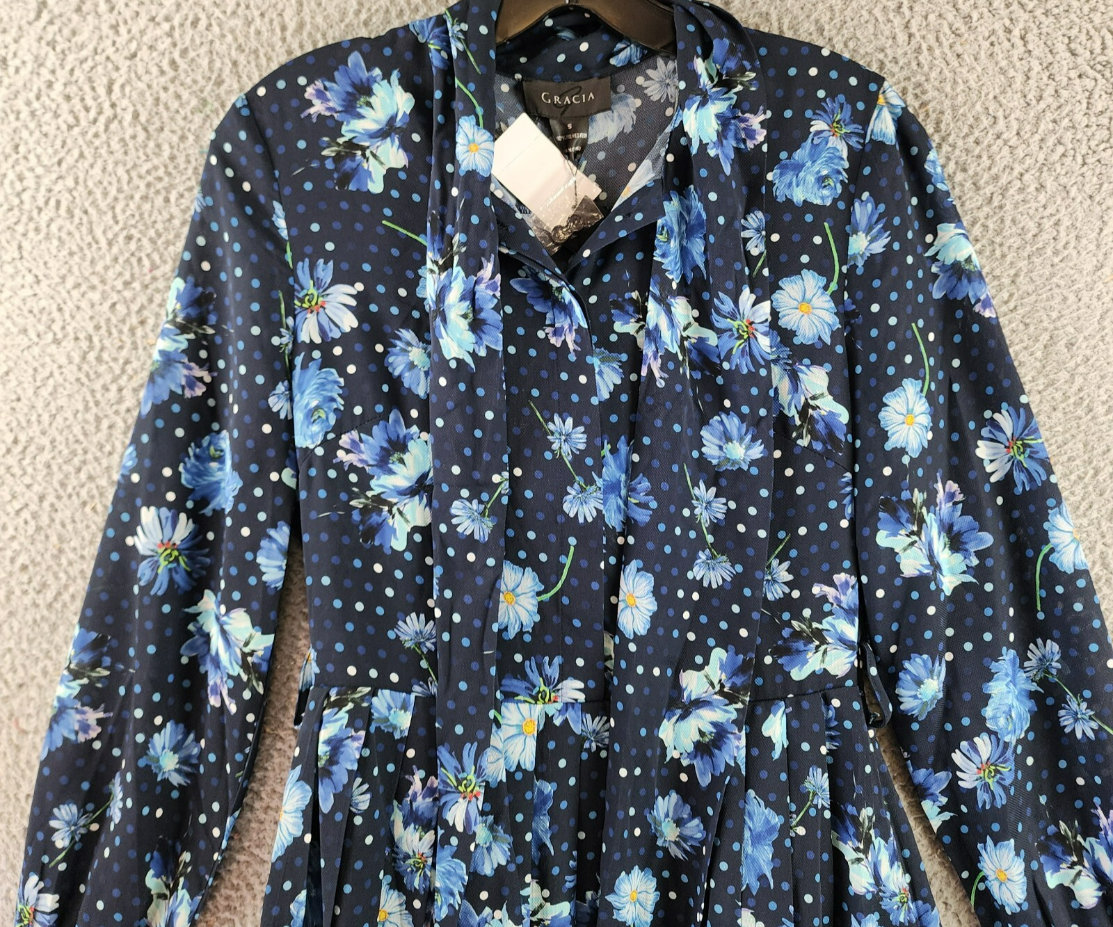 Gracia Belted Mini Dress Women's S Black Multi Floral Scarf Neck Long Sleeve - Picture 3 of 13