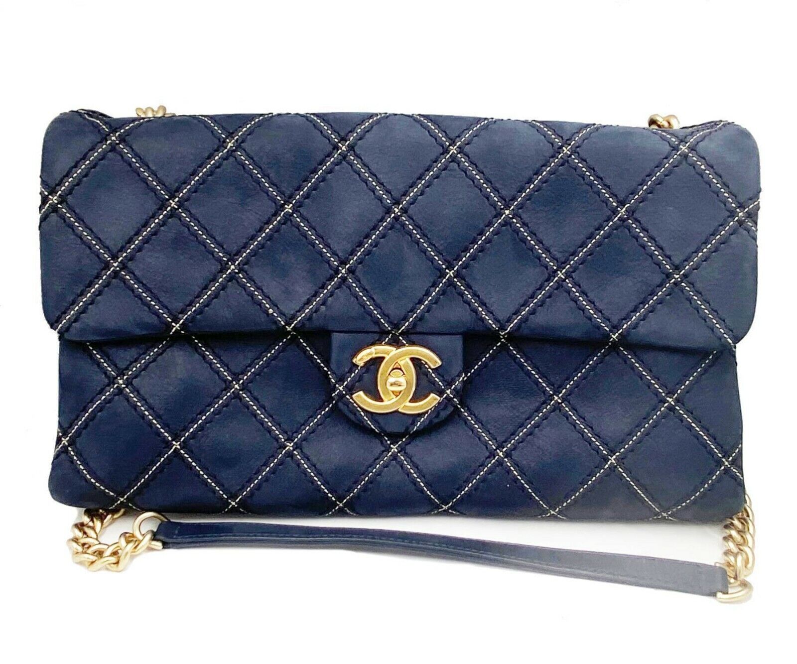 Chanel Navy Stitching Suede Rectangle Crossbody Bag with Mirror