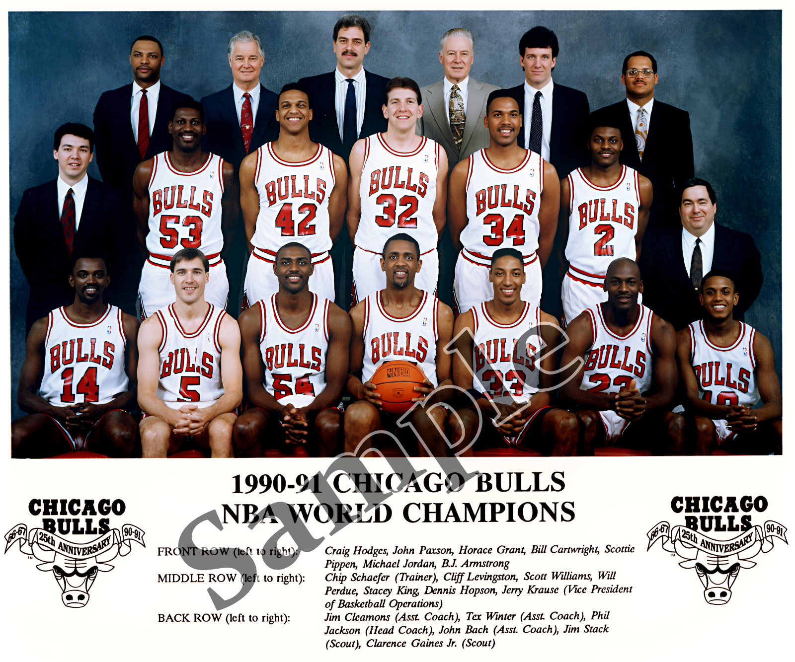 1990 - 91 NBA Champion Chicago Bulls Team Picture with Names