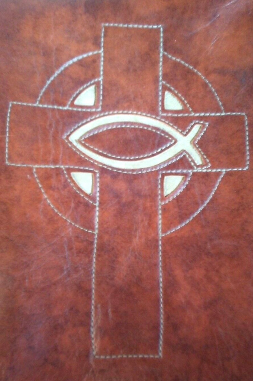 Bible Cover/Holder Zippered Cross & Ichthys (Fish) Symbol Brown Lux-Leather