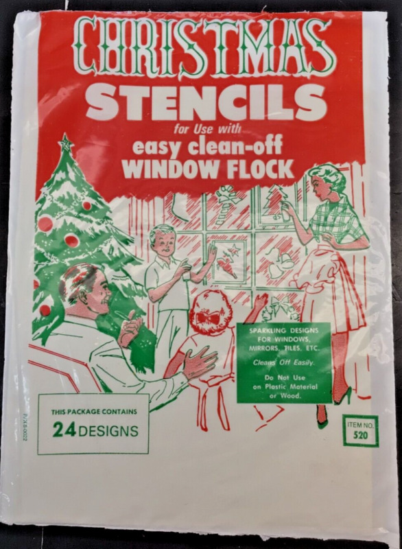 Vintage 1960s Christmas Stencils for Window Flock. UNUSED. 9 sheets