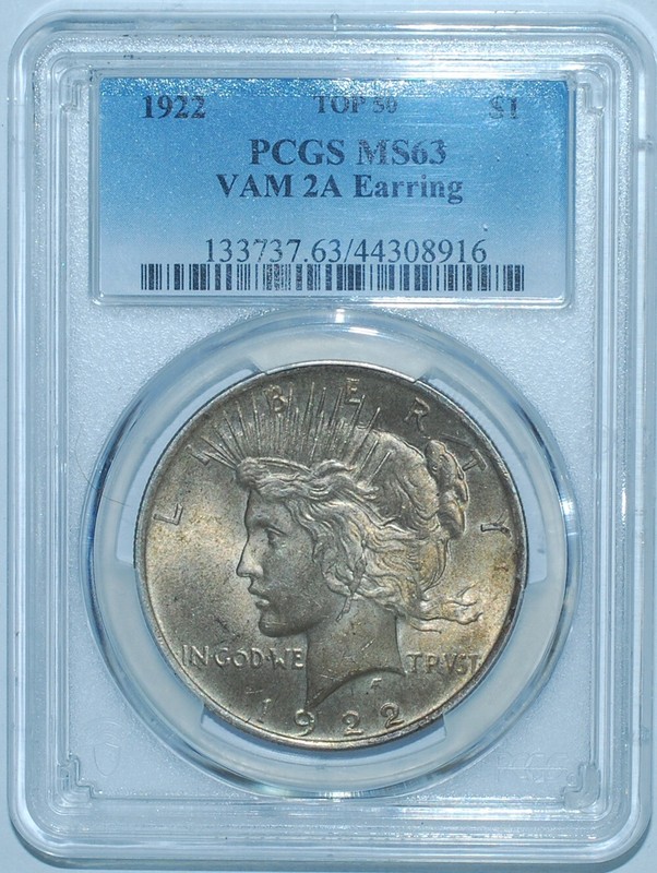1922 PCGS MS63 VAM-2A Top 50 Earring Peace Silver Dollar