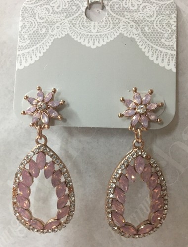 Charming Charlie RSVP Bridal Rhinestone & Pink Dangle Earrings Rose Gold Oval