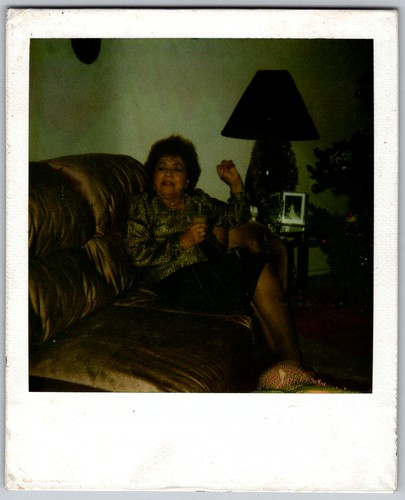 Vtg Polaroid Snapshot Photo Woman Sitting Brown Leather Sofa Lamp 1970s