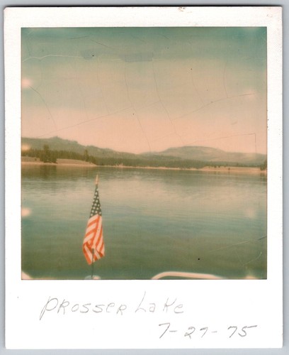Vtg Polaroid Snapshot Photo Prosser Lake Boat American US Flag Waterscape