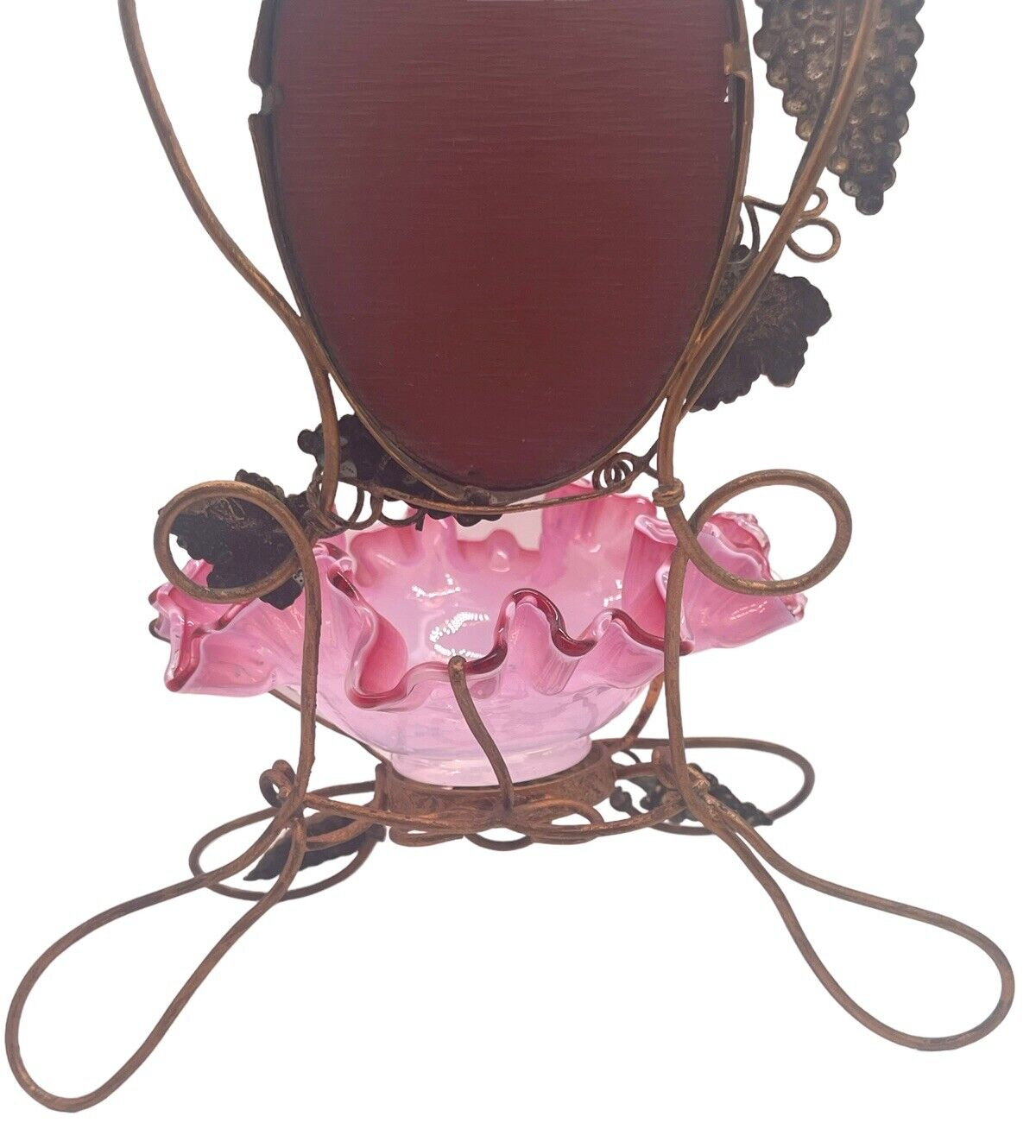 French Palais Royal Grape & Hummingbird Vanity Mirror & Opal Art Glass Bowl