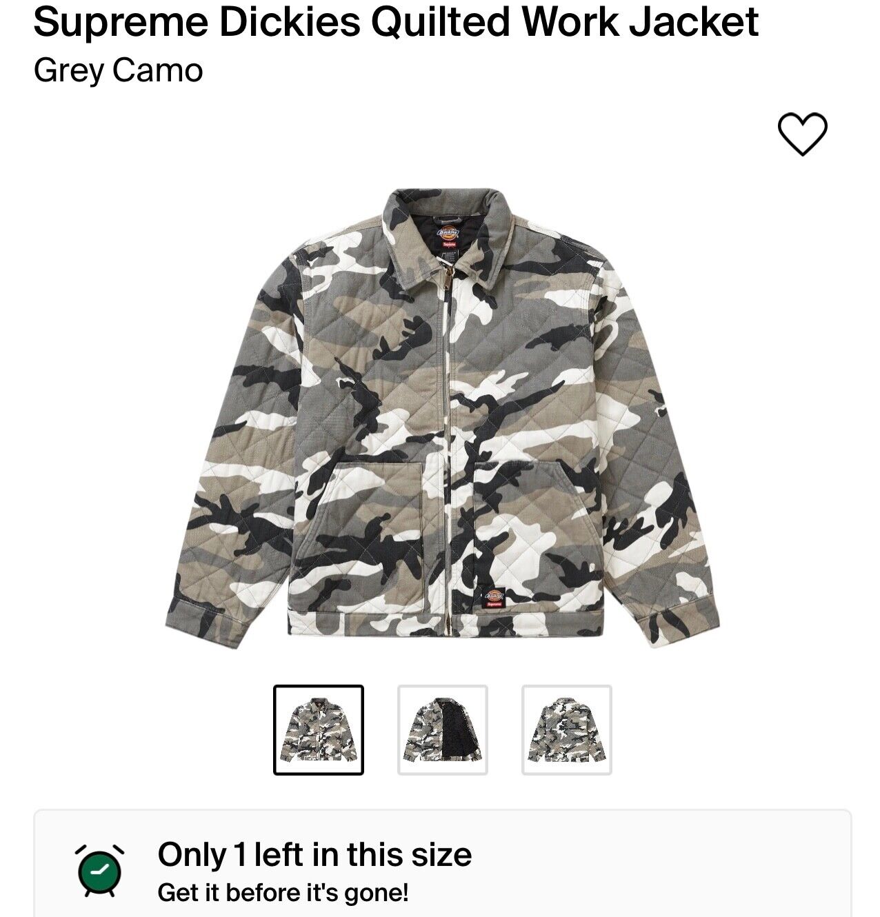 SUPREME x Dickies Quilted Work Jacket Grey Camo Size Large SUPREME x Dickies Quilted Work Jacket Grey Camo Size Large