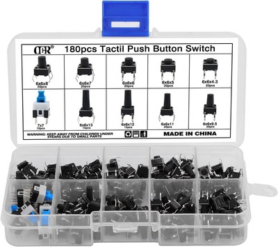 180Pcs Tactile Push Button Switch 10 Values 6x6mm Micro Momentary Tact Button...