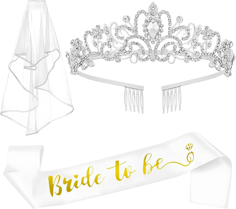 Bride to Be Set, 3Pcs Silver Sash Veil Crown Bachelorette Party Supplies | Elega