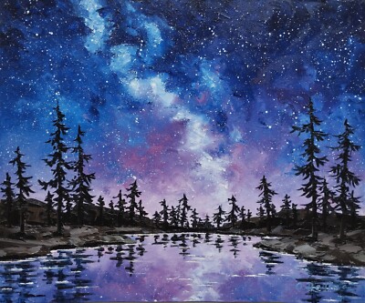Night Sky Oil Painting Nocturne Lake Landscape Milky Way Painting Starry Night