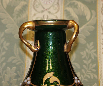 Art Nouveau French Green Glass Beaded Vase Three Handled Love Cup Circa 1900