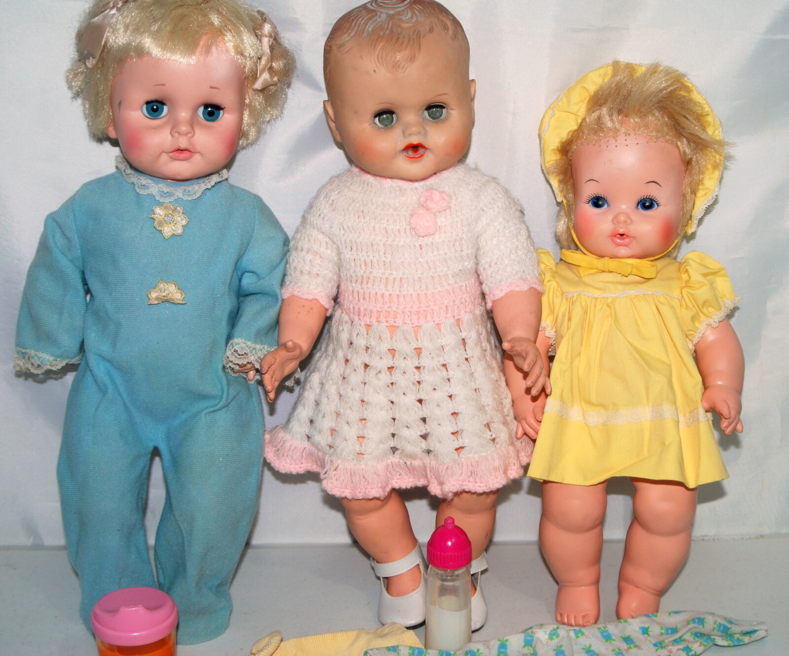Vintage Eegee Baby Dolls Lot 3 Extra Clothes Dress Shoes Bottles Flannel Crochet