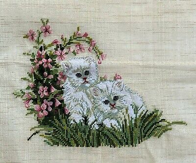 Preworked White KITTENS & FLOWERS Cat Needlepoint Canvas w/Petit Point 13 x 9.5''