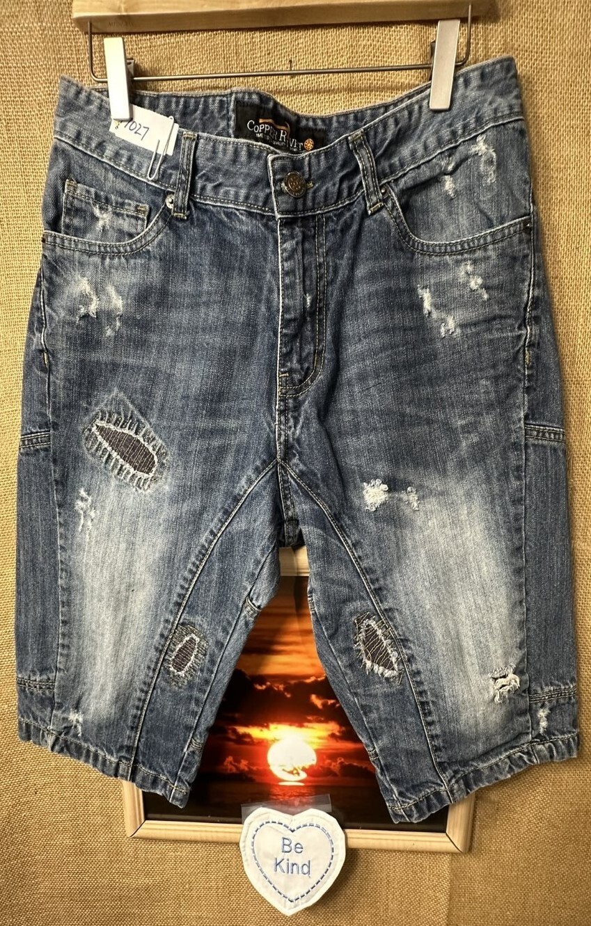 パンツ Copper Rivet Denim Shorts Skinny Copper Rivet men's blue denim patched distressed shorts 31W