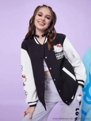 HELLO KITTY DIMMOIRE フルジップジャケット Sanrio Hello Kitty My Melody And Kuromi Varsity Jacket Split