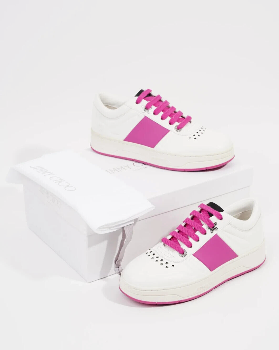 【訳あり】JIMMY CHOO スニーカーHAWAII-F ADD WHITE-FUCHSIA 39 MSRP$595 JIMMY CHOO Hawaii/F Calf Leather Sneaker V White