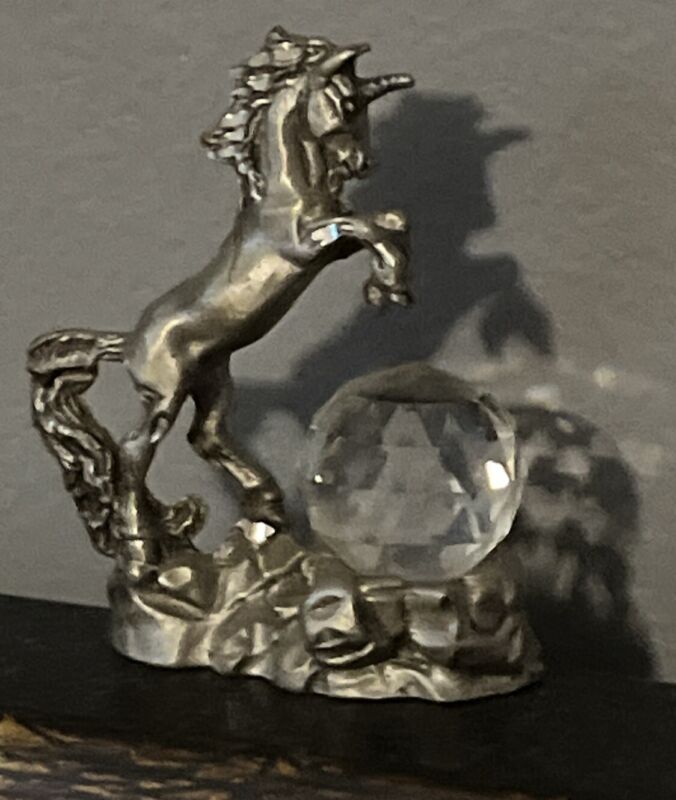  Cuter Fine Pewter Rearing Unicorn Over Large Crystal.