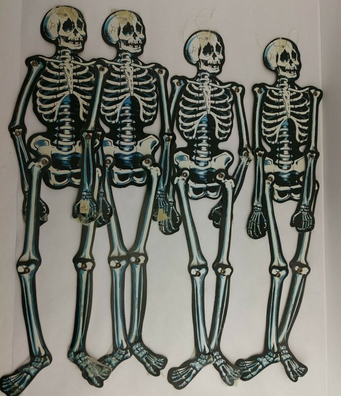 22" Hanging Paper Skeletons 4ct /4pc Die Cut Tape on all pieces VTG Taiwan (1E1)