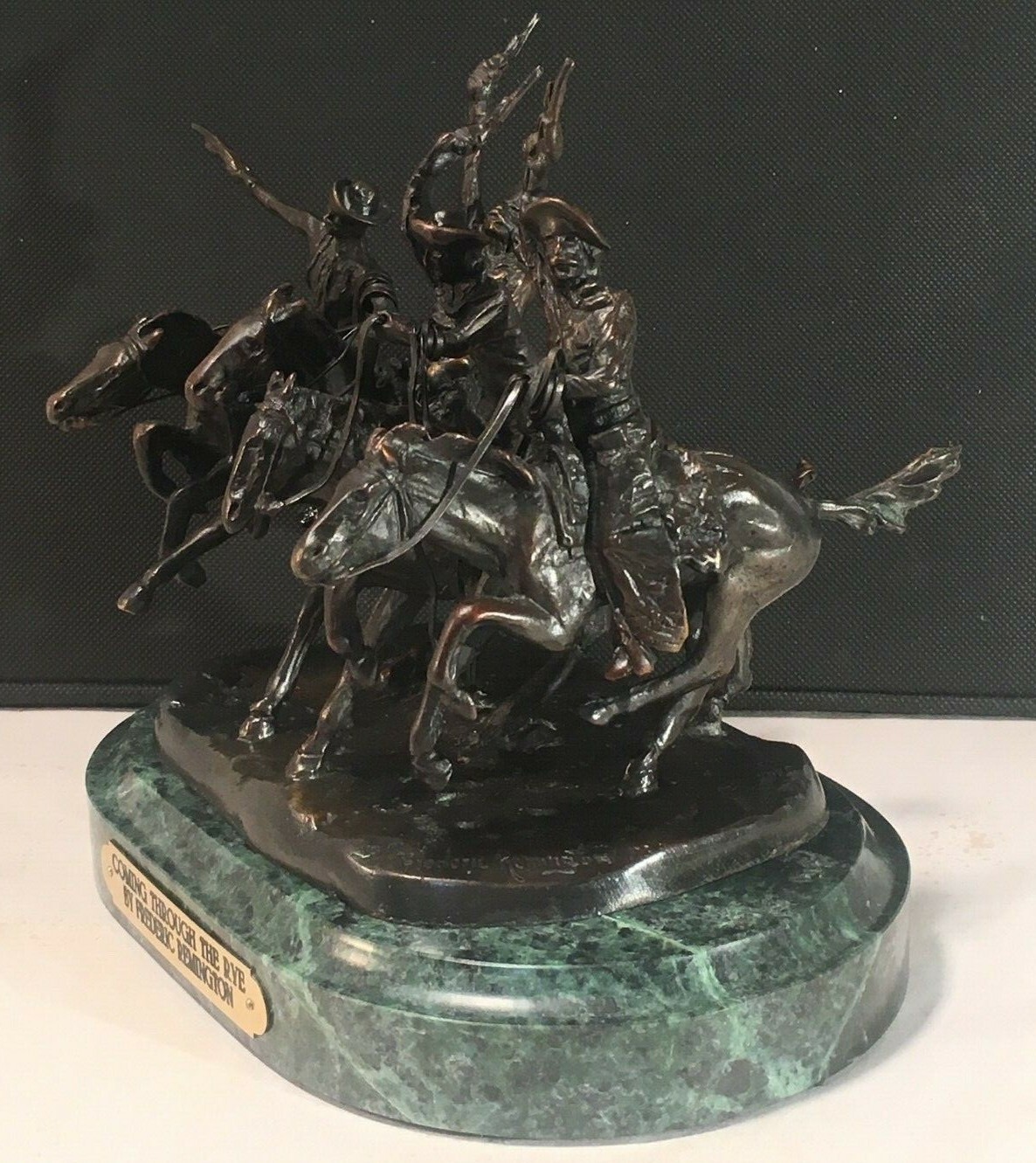 FREDERIC REMINGTON COMING THROUGH THE RYE Bronze Reproduction Statue marble base