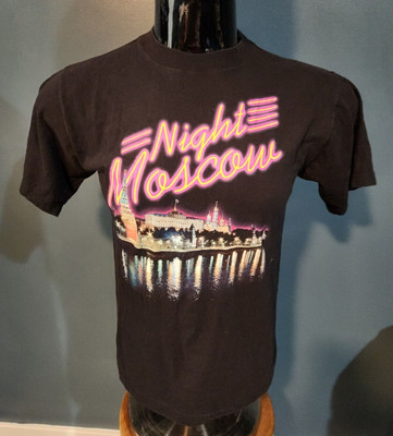 Vintage Russia Shirt Men's Size L Black Night Moscow Skyline