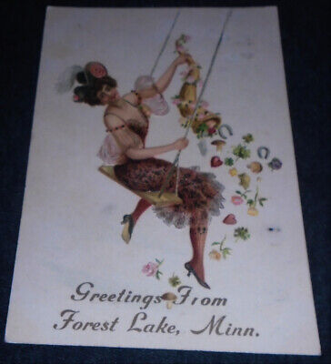 Rare Forest Lake, Minnesota Victorian Woman on Swing Vintage Postcard