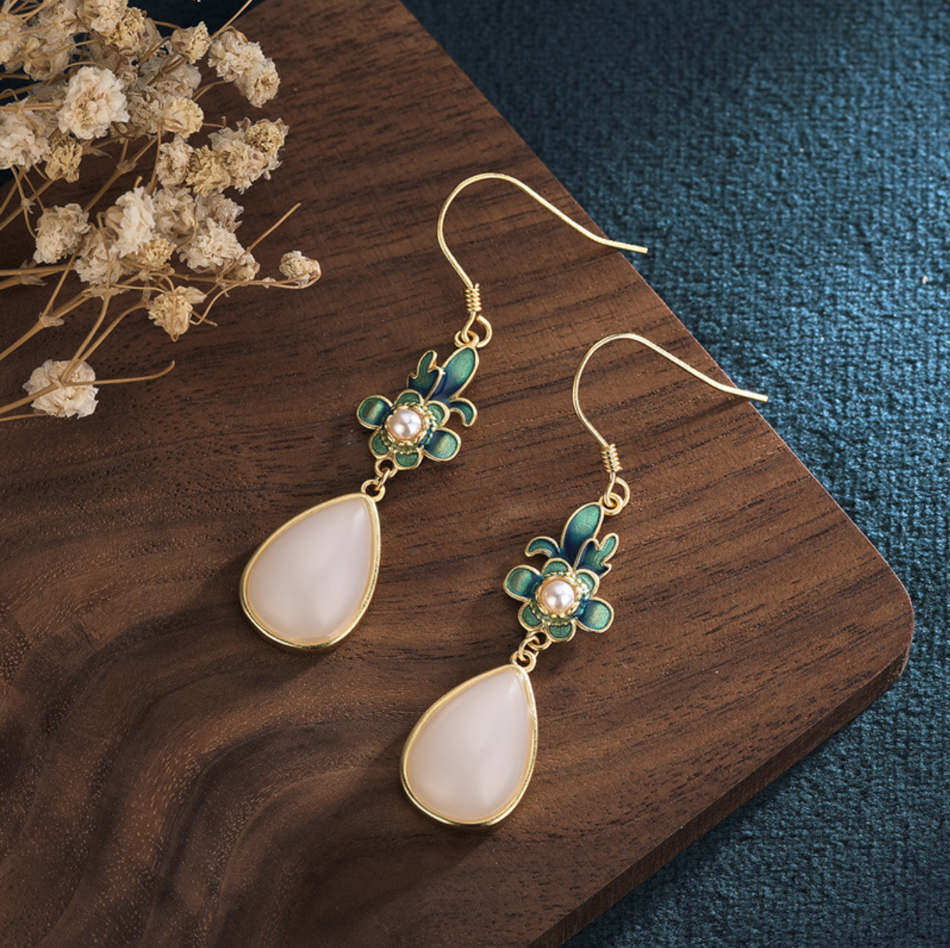 Jade Drop Dangle Earrings Flowers Cloisonne Bohemian Ear Hook 18K Gold Plated - Picture 7 of 8