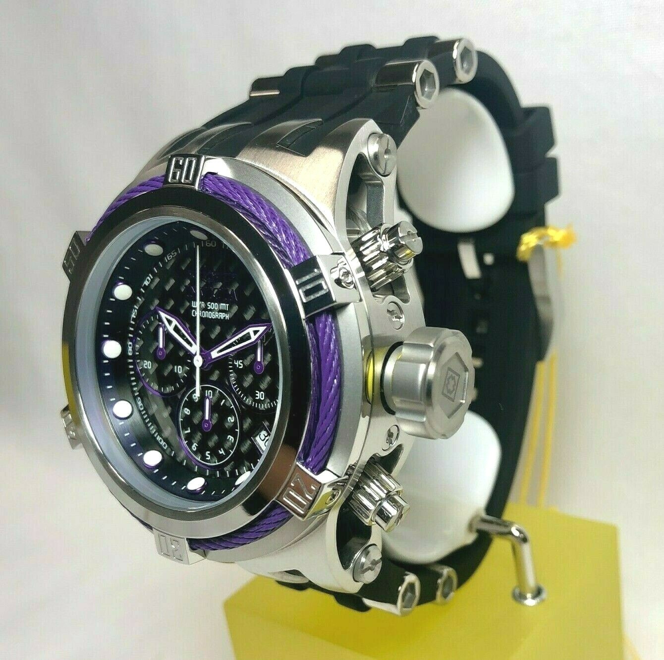 Pre-owned Invicta 22445 52mm Silver/purple Bolt Hybrid Carbon Fiber Dial Strap Watch