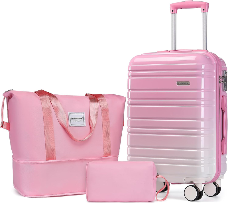 Luggage Sets 3 Piece, 20 Inch Carry on Luggage 22X14X9 Airline Approved Hardside PC+ABS Suitcase Set with Spinner Wheels TSA Lock, Lightweight Luggage Set for Women, Peach Sparkling