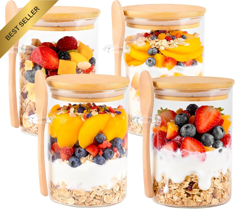 4 Pack Overnight Oats Jar, 16Oz Glass Food Storage Containers with Lids and Spoo
