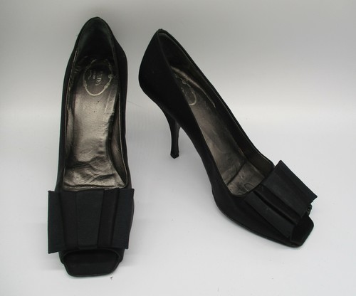 PRADA black satin square peep-toe with bow slim-heel pump sz