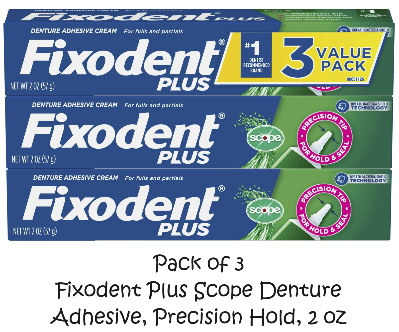 (Pack of 3) Fixodent Plus Scope Denture Adhesive, Precision Hold, 2 oz Free Ship