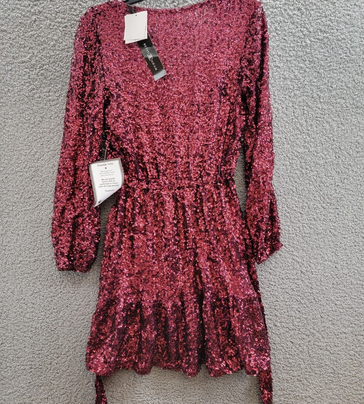 Betsy & Adam Sequin Belted Long-Sleeve Dress Women's 2 Plum V-Neck Snap Pullover - Picture 10 of 15