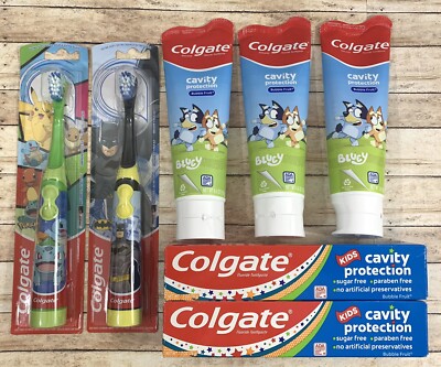 Colgate Kids Batman Bluey Electric Toothbrushes+5 Toothpaste BubbleFruit NoSugar