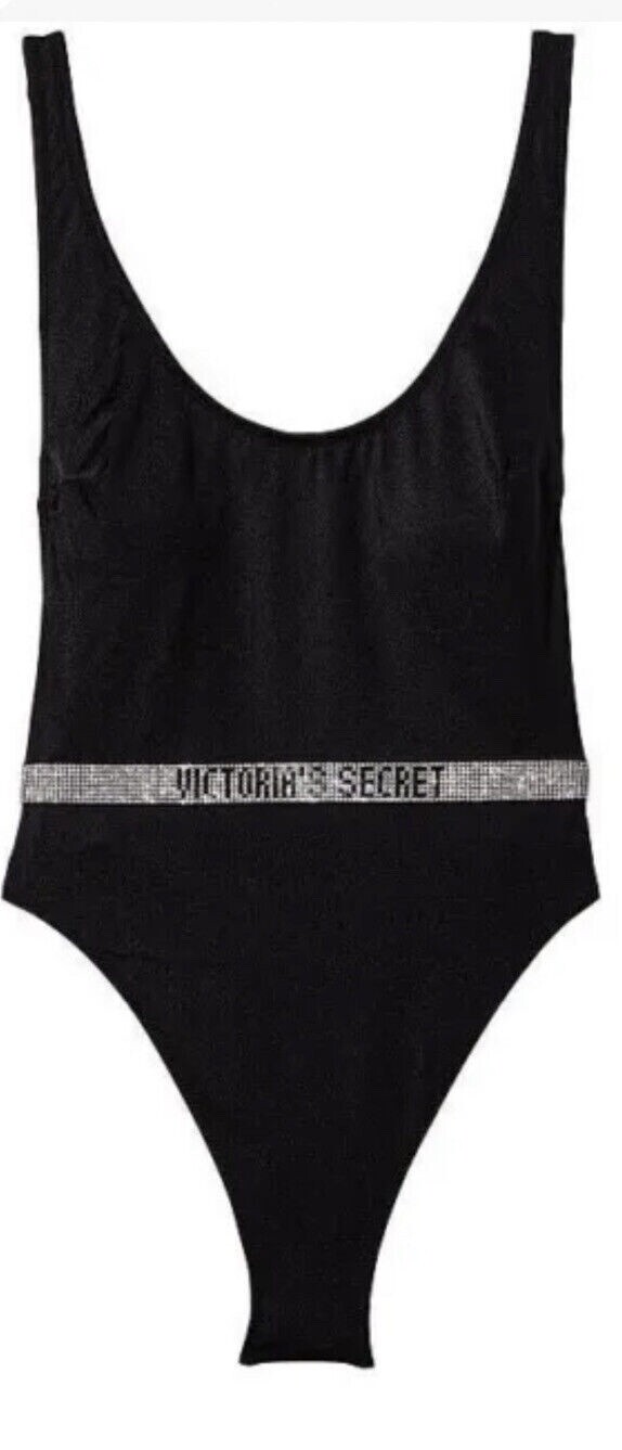 

VICTORIAS SECRET SWIM Цельный купальник с глубоким вырезом и блестящими стразами на бретельках  Black, Черный