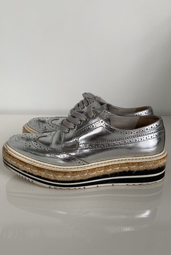 PRADA シルバー ハイヒール・パンプス 37 PRADA SS 2011 Silver Leather Brogues Derby Espadrille