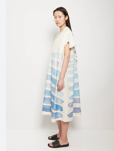 Pre-owned Toogood The Fisherwoman Hand Painted Cotton Dress — Breton Limited Edition Xl In Blue/ivory