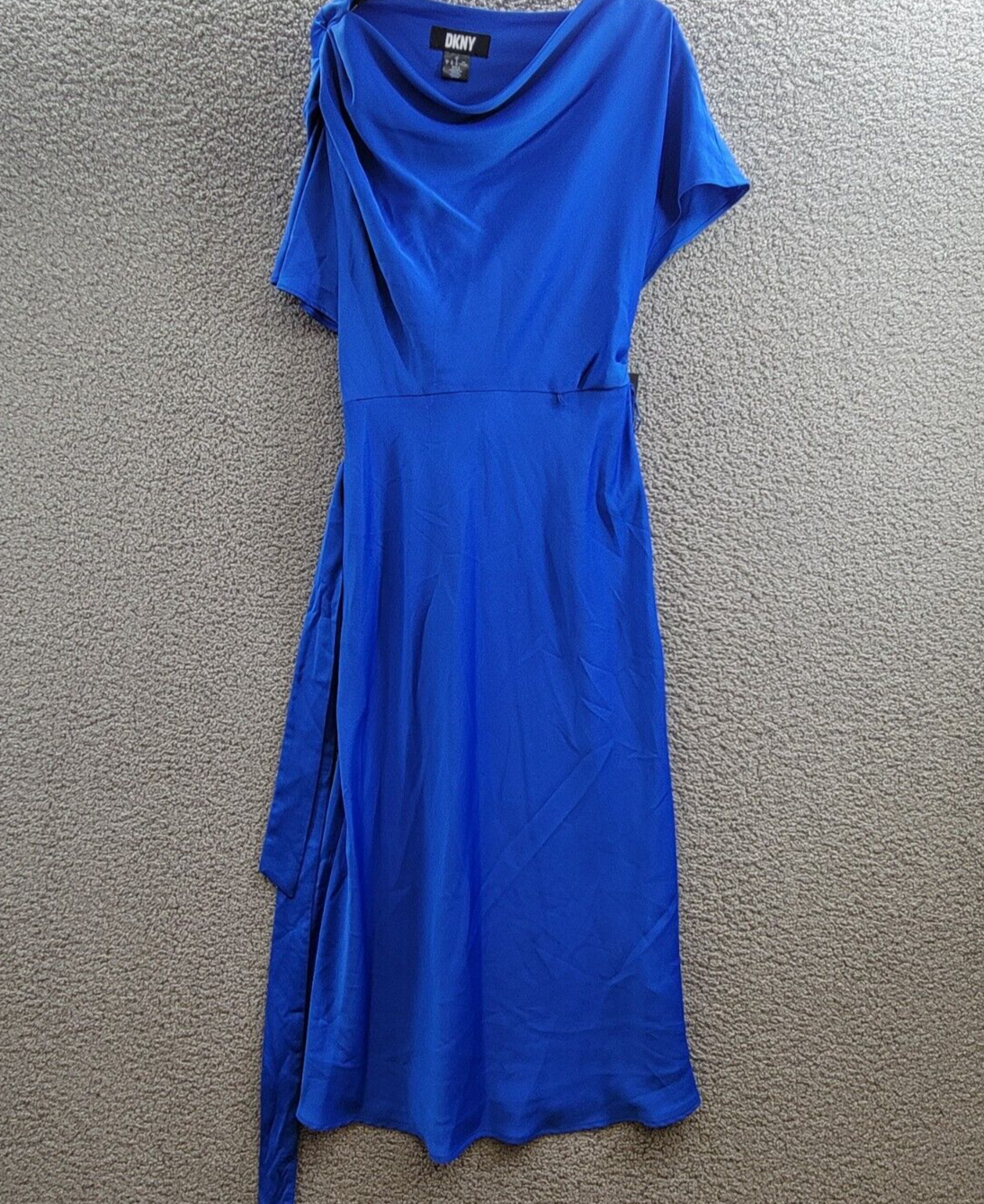 DKNY Cowlneck Dolman-Sleeve Belted Midi Dress Womens 6 Sapphire Side Zip Closure - Picture 2 of 16