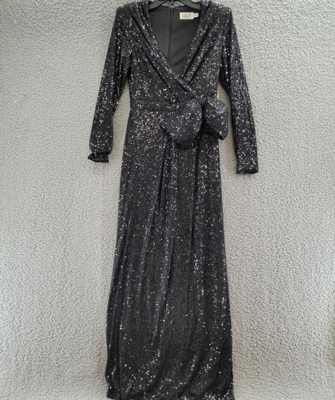 Eliza J Sequined Wrap Gown Women's 4 Black Side Bow Crossover V-Neck Back Zip - Picture 2 of 15