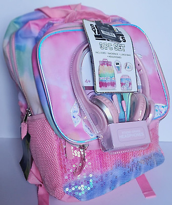 School Yard Vibes 3 Piece Set Unicorn Pink Backpack w/ Headphones & Lunch Bag