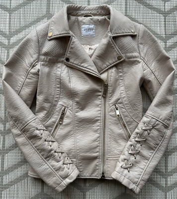 Womens Guess Los Angeles Faux Leather Asymmetrical Beige Jacket
