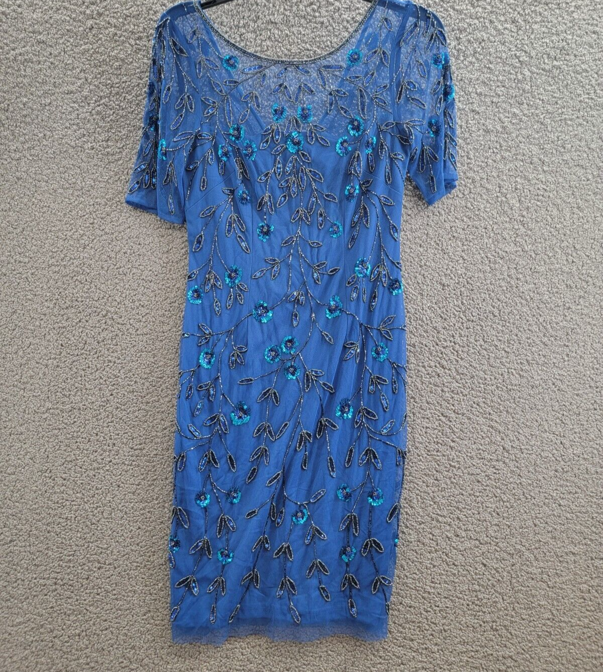 Adrianna Papell 3D Floral Beaded Sheath Dress Women's 2 Blue Back Zip Closure - Picture 2 of 18