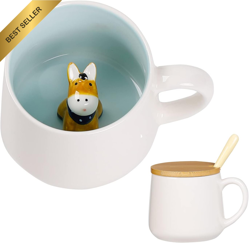 Gifts for Women Cute Donkey Coffee Mug Tea Cup with Spoon Lid Kawaii Stuff Funny