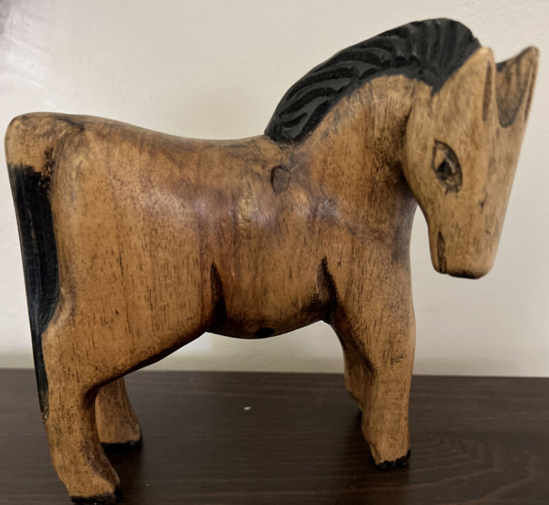 Vintage Primitive Carved Wooden Horse 5" Tall Black Brown Swedish Switzerland
