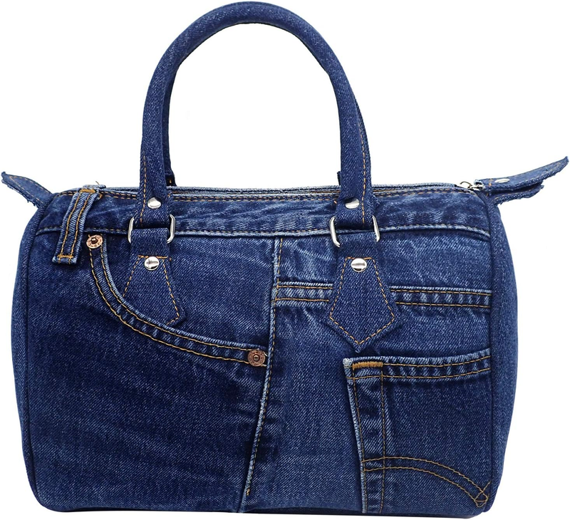 Women Up-Cycled Denim Jeans Satchel Handbag Boston Bag Top Handle Shoulder Purse with Adjustable Strap LL-04 (Dark Shade)