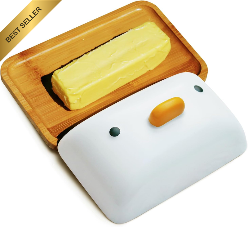 Cute Duck Butter Dishes, Bamboo & Porcelain, White, 7" X 4.7" with Ceramic Lid