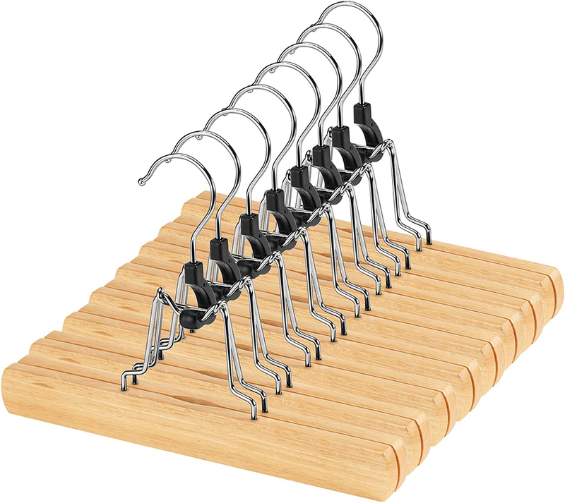12 Pack Natural Wooden Pants Hangers with Clips Non Slip Skirt Hangers Trouser C