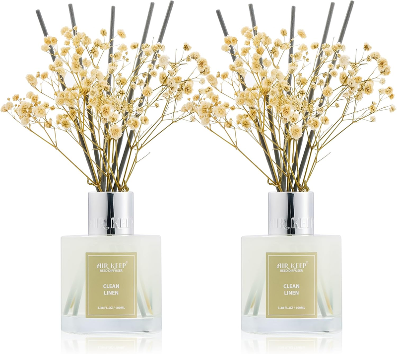 Reed Diffuser 3.38 Oz (100Ml) 2Pk, Clean Linen Scented Reed Diffuser Set,Reed Diffuser & Oil Diffuser Sticks, Aromatherapy,  Reed Diffuser Set Box 2-Clean Linen