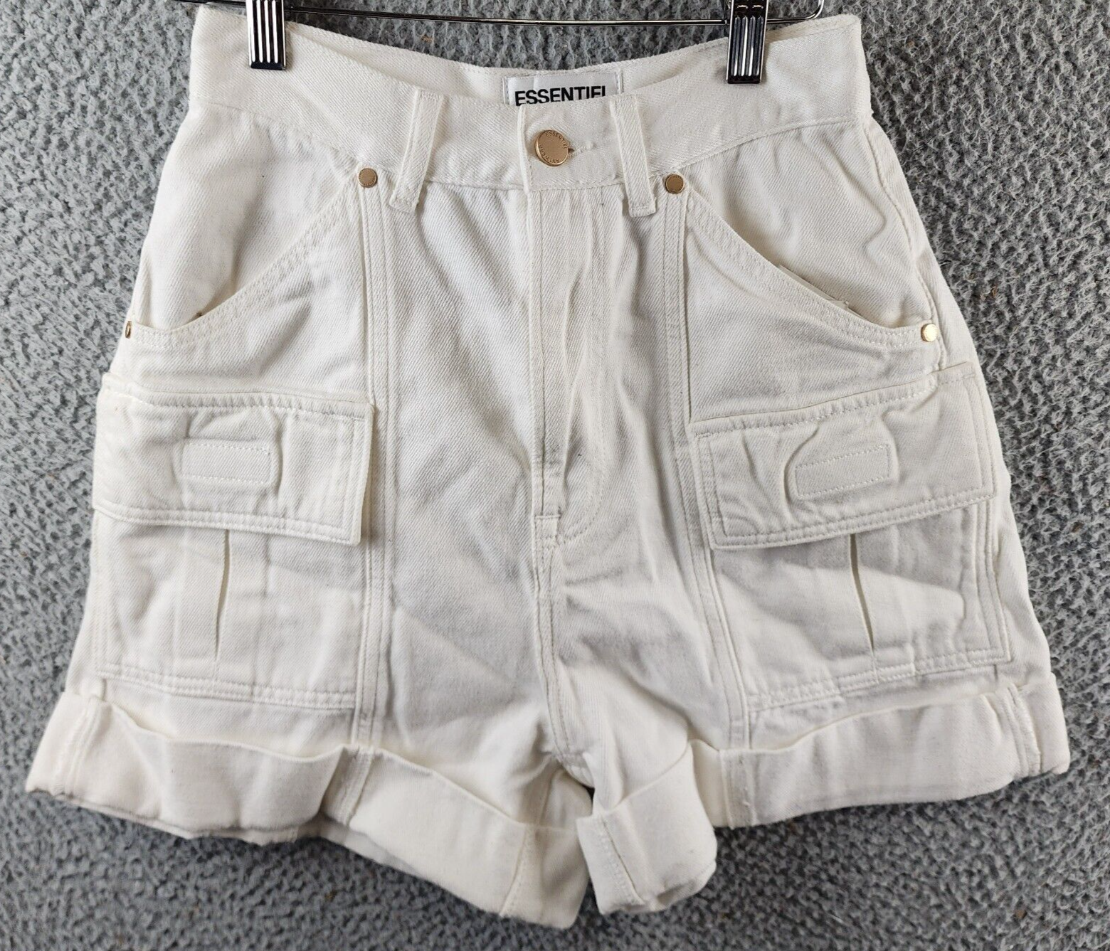Essentiel Antwerp Delay Denim Cargo Shorts Women's 24 Off White Button Closure~ - Picture 2 of 14